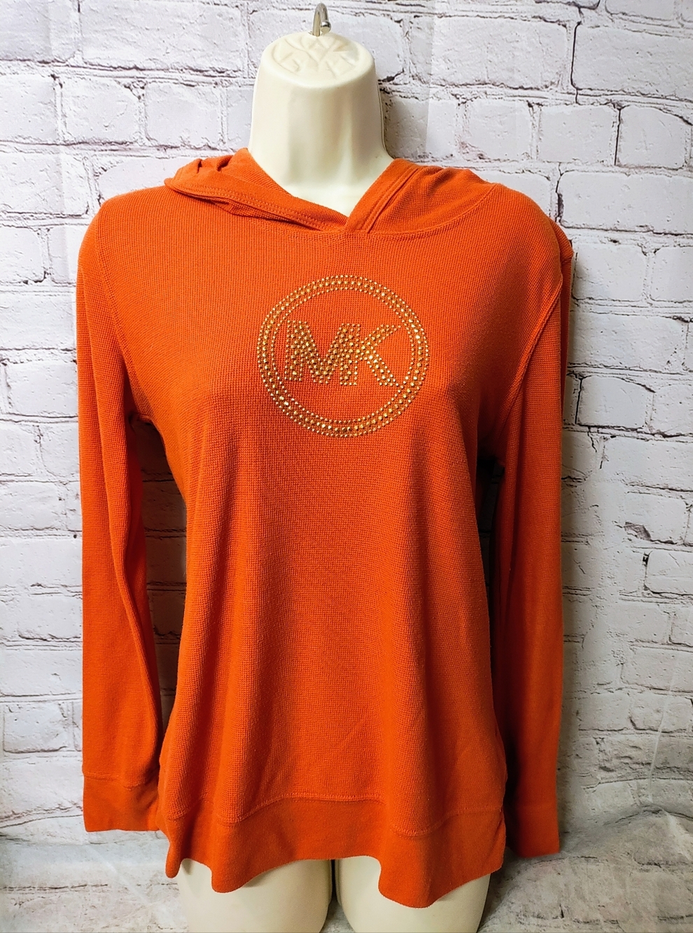 Michael Kors Women's Grid Waffle Pop Over Gold Logo Emblem Hoodie Medium Orange